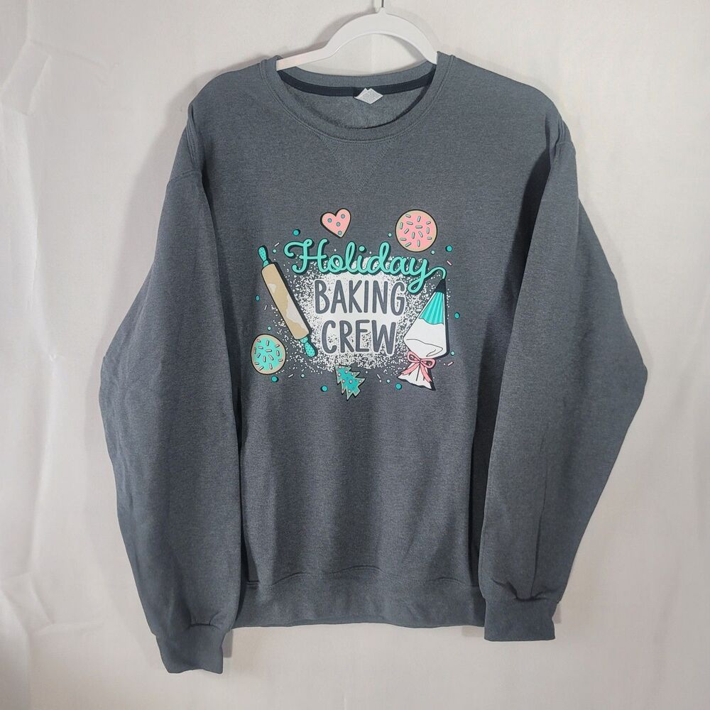 Fruit of the Loom M Sofspun Lined Holiday Baking Crew Gray Crewneck Sweatshirt